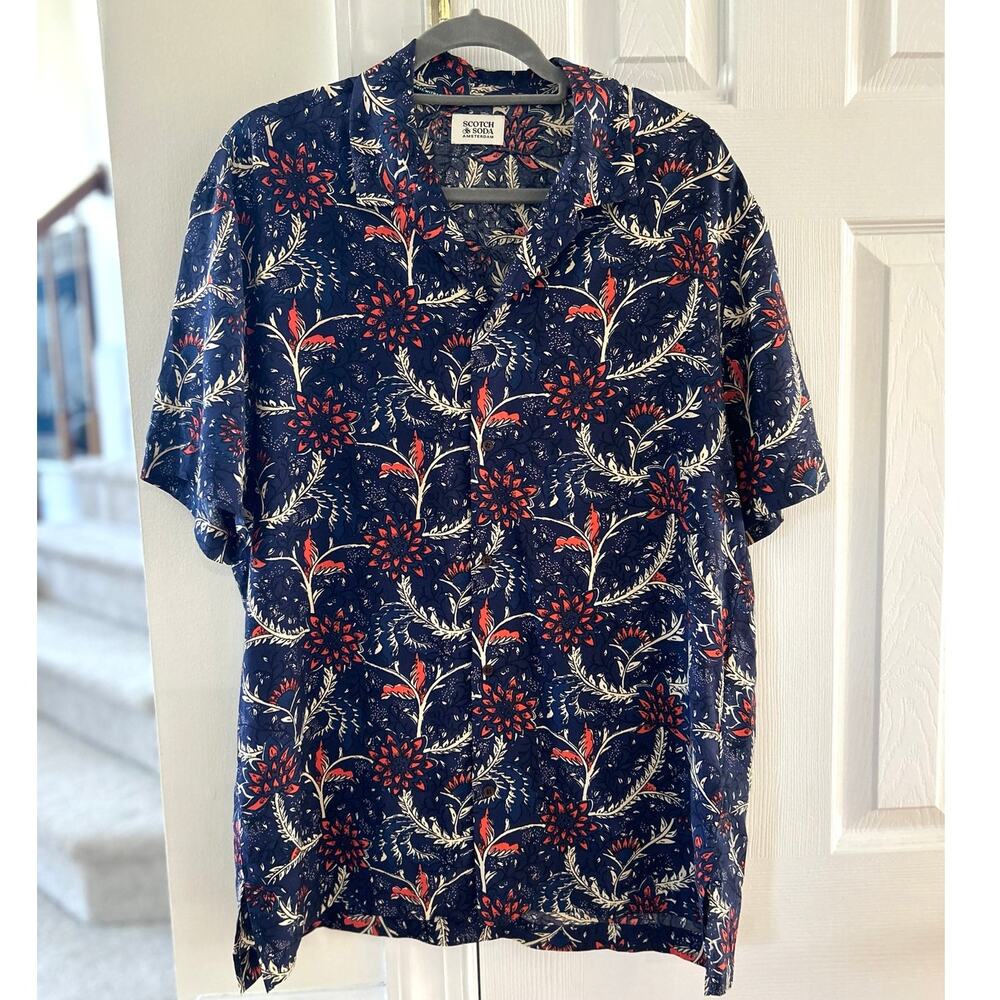 Scotch & Soda Navy Cream & Red Block Print Floral Short Sleeve Button Down